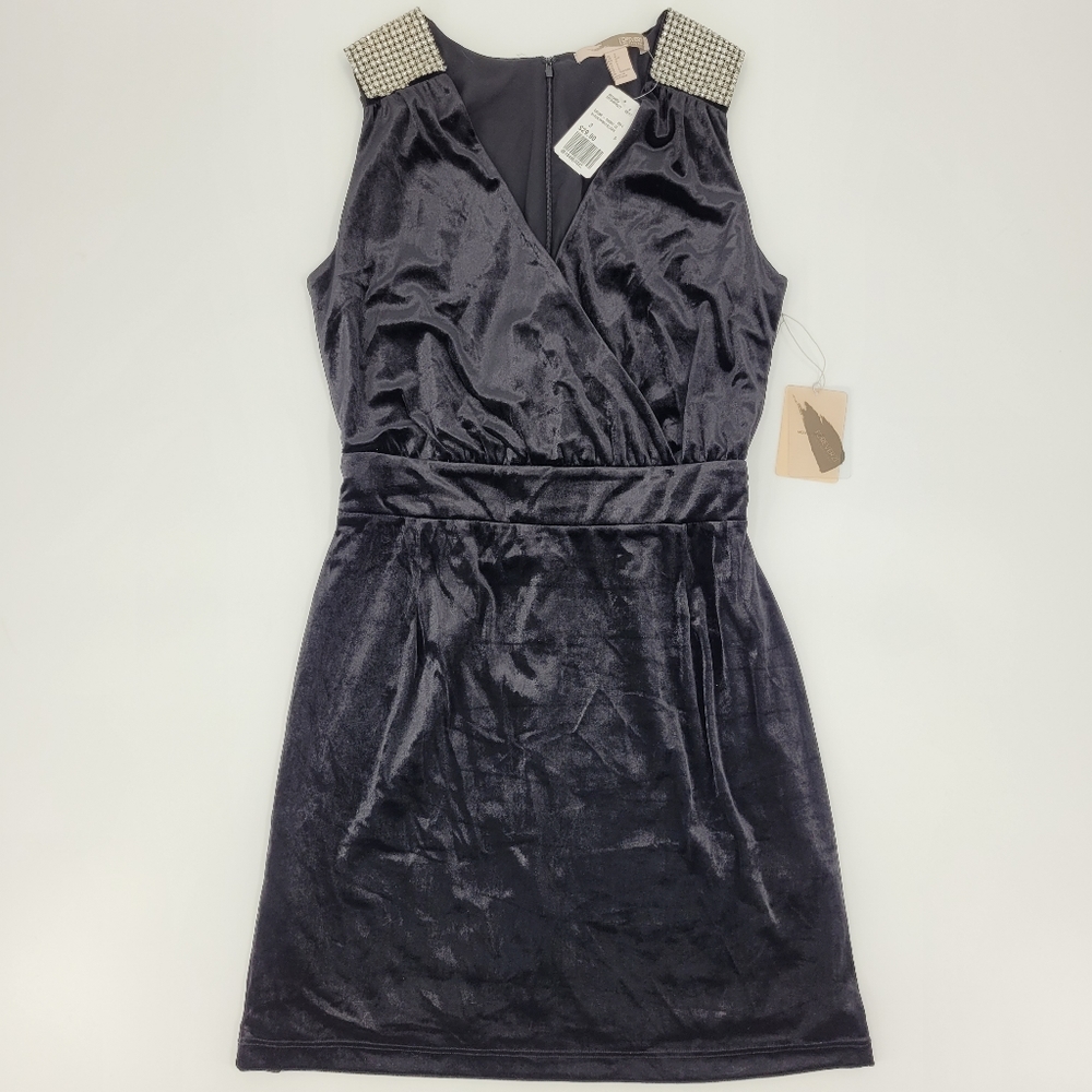 Forever 21 Dress Size Small Black Velour V-Neck Rhinestone Faux Pearl NEW